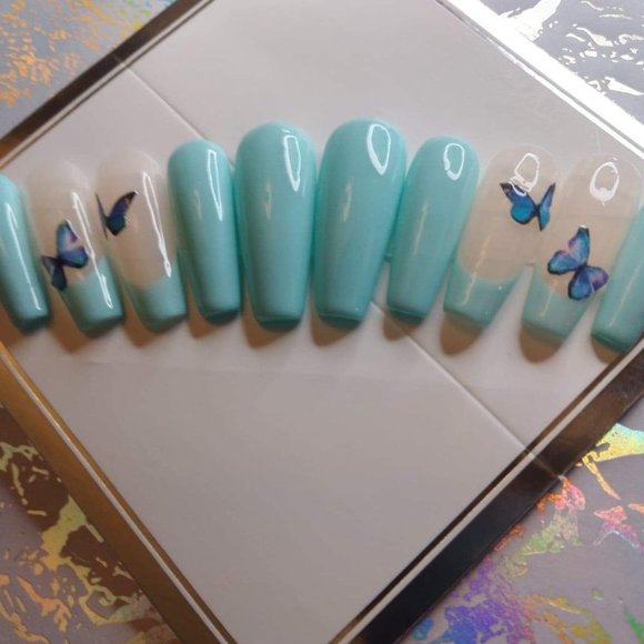 Cyan/blue/green butterfly  luxury press on nails - Picture 1 of 5